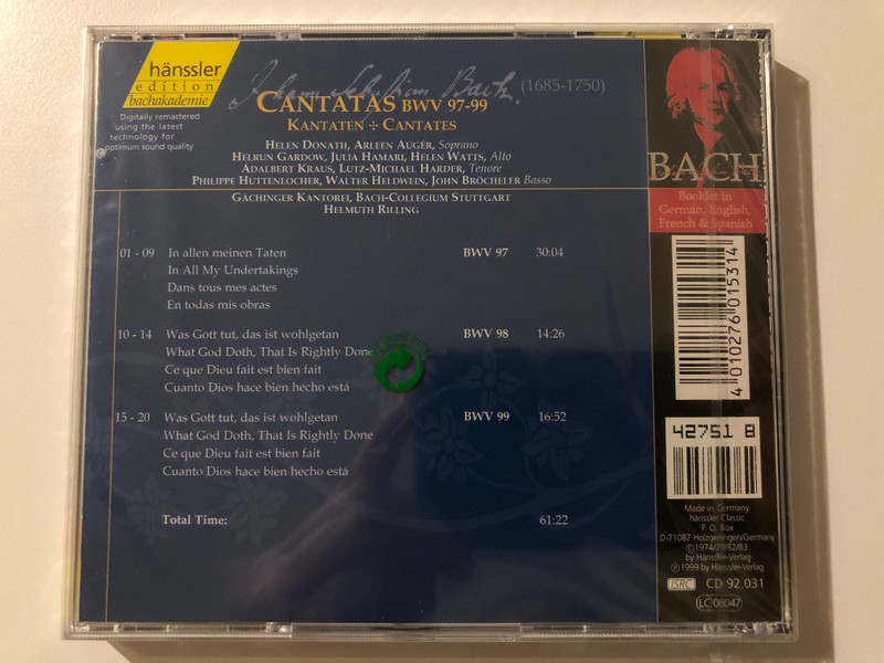 Johann Sebastian Bach - Cantatas BWV 97-99 / In allen meinen Taten; Was Gott tut, das ist wohlgetan; Was Gott tut, das ist wohlgetan / Bach-Ensemble, Helmuth Rilling / Hänssler Classic Audio CD 1999 / CD 92.031