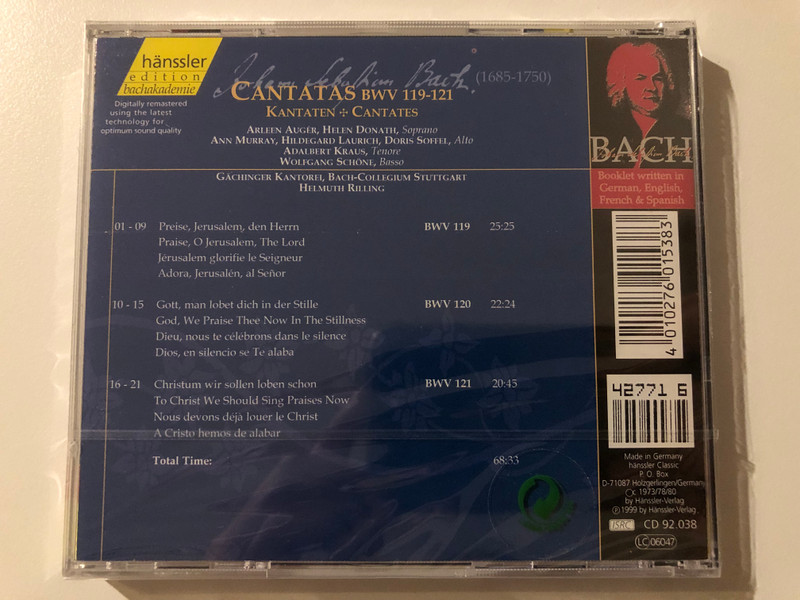 Johann Sebastian Bach - Cantatas BWV 119-121 / Preise, Jerusalem, den Herrn; Gott, man lobet dich in der Stille; Christum wir sollen loben schon / Bach-Ensemble, Helmuth Rilling / Hänssler Classic Audio CD 1999 / CD 92.038