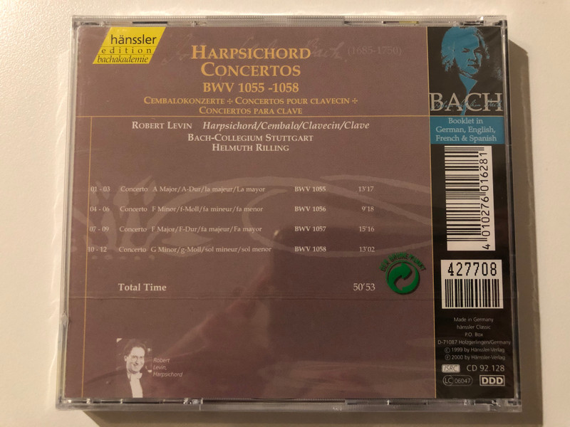 Johann Sebastian Bach - Harpsichord Concertos BWV 1055-1058 / Robert Levin - harpsichord, Bach-Collegium Stuttgart, Helmuth Rilling / Hänssler Edition Bachakademie / Hänssler Classic Audio CD 2000 / CD 92.128