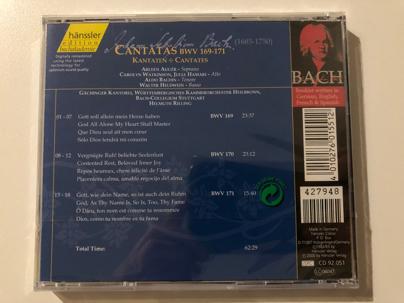 Johann Sebastian Bach - Cantatas BWV 169 - 171 / Gott Soll Allein Mein Herze Haben; Vergnügte Ruh! Beliebte Seelenlust; Gott, Wie Dein Name, So Ist Auch Dein Ruhm / Bach-Ensemble / Hänssler Classic Audio CD 2000 / CD 92.051