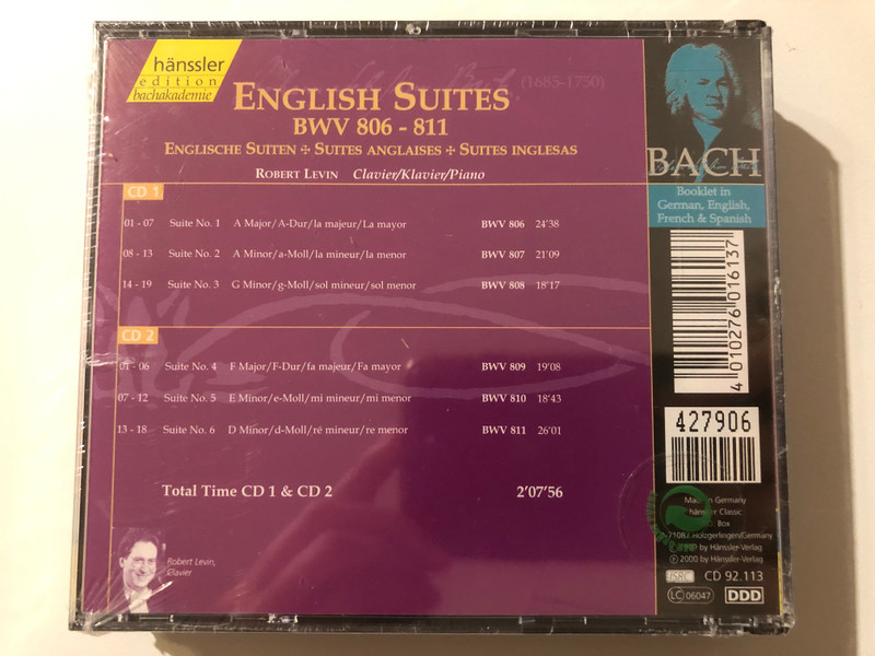Johann Sebastian Bach - English Suites BWV 806-811 / Robert Levin - piano / Hänssler Edition Bachakademie / Hänssler Classic 2x Audio CD 2000 / CD 92.113