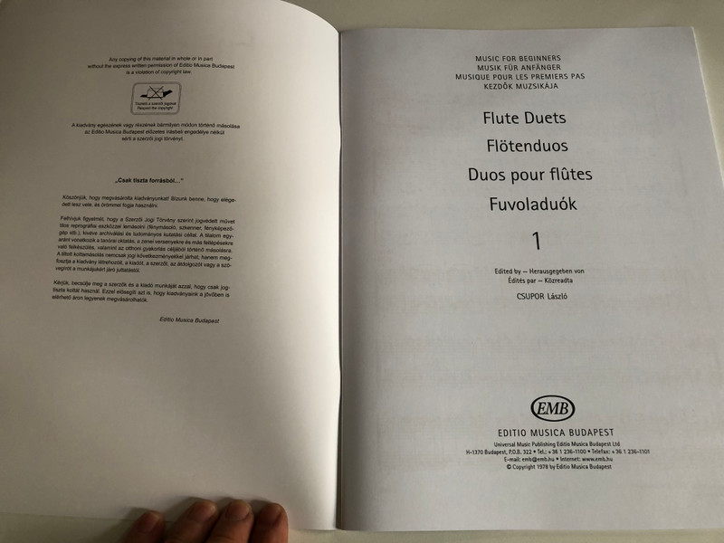 Flute Duos for Beginners 1  Edited by Csupor László  Editio Musica Budapest Zeneműkiadó  1978  Fuvoladuók kezdők számára 1  Közreadta Csupor László (9790080084984)