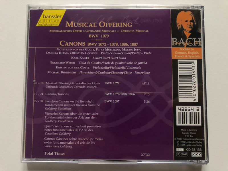 Johann Sebastian Bach - Musical Offering BWV 1079; Canons BWV 1072 - 1078, 1086, 1087 / Gottfried Von Der Goltz - violin, viola; Karl Kaiser - flute; Ekkehard Weber - Viola da Gamba; Michael Behringer / Hänssler Classic Audio CD 1999 / CD 92.133