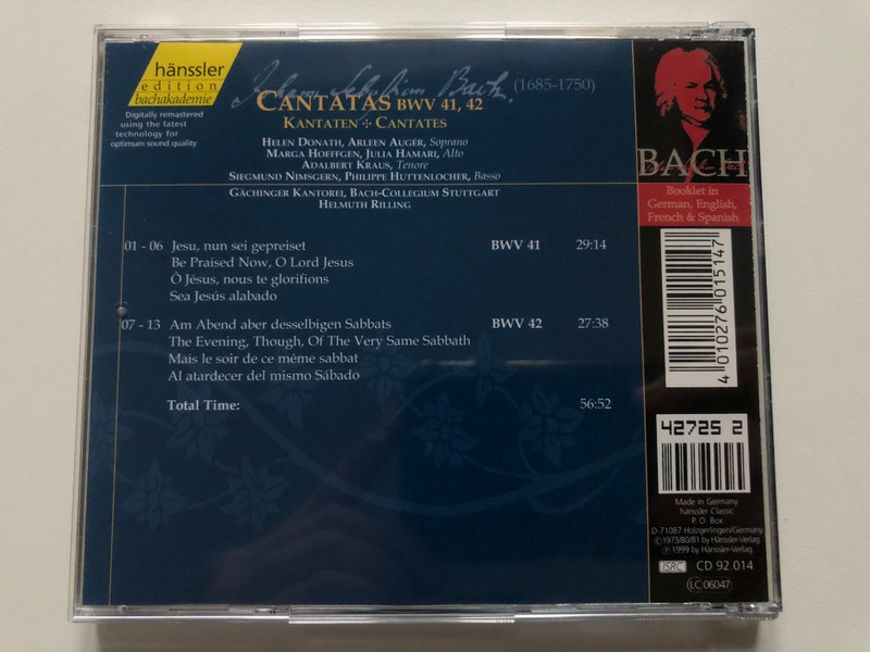 Johann Sebastian Bach - Cantatas BWV 41, 42 / Jesu, nun sei gepreiset; Am Abend aber desselbigen Sabbats / Bach-Ensemble, Helmuth Rilling / Hänssler Edition Bachakademie Audio CD 1999 / CD 92.014
