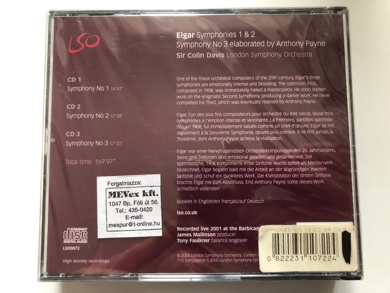 Elgar - Symphonies Nos 1 & 2; Symphony 3 Elaborated By Anthony Payne / Sir Colin Davis, London Symphony Orchestra / LSO Live 3x Audio CD 2005 / LSO0072