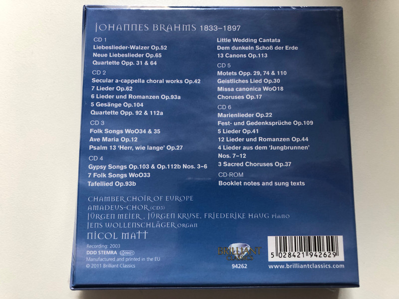 Brahms - Choral Works - Chamber Choir of Europe, Nicol Matt / Choral Classics / Brilliant Classics 6x Audio CD + CD Rom, Box Set 2011 / 94262
