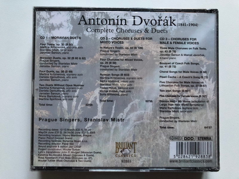 Dvořák - Complete Choruses & Duets / Prague Singers, Stanislav Mistr / Brilliant Classics 3x Audio CD / 92883