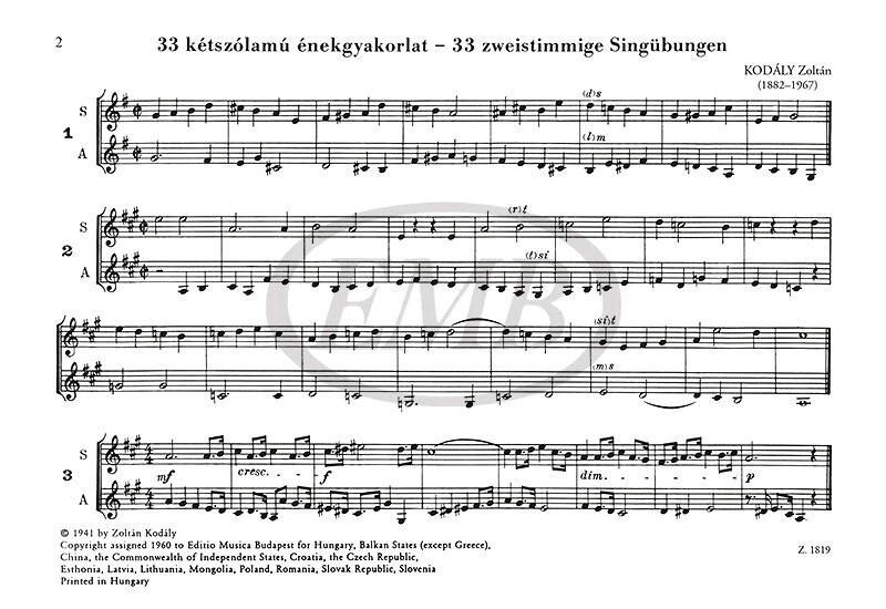 Kodály Zoltán: 33 Two-part Excercises / Editio Musica Budapest Zeneműkiadó / 1955 / Kodály Zoltán: 33 kétszólamú énekgyakorlat