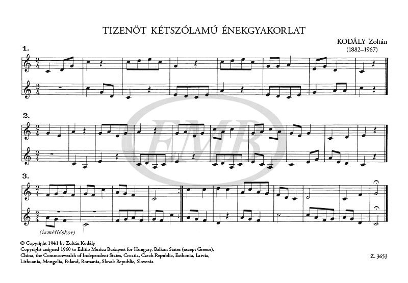 Kodály Zoltán: 15 Two-part Excercises / Editio Musica Budapest Zeneműkiad / 1961 / Kodály Zoltán: 15 kétszólamú énekgyakorlató