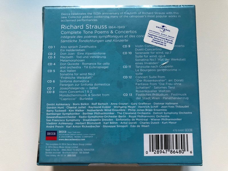 Strauss - Complete Tone Poems & Concertos / Blomstedt, Ashkenazy, Dorati, Dutoit, Masur, Previn, Sinopoli, de Waart, Belkin, Graffman, Schiff, Thibaudet, Tuckwell / Collectors Edition / Decca 7x Audio CD 2014, Box Set / 478 6480