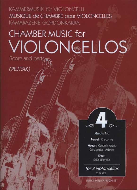 Chamber Music for Violoncellos 4 for 3 Violoncellos score and parts / Edited by Pejtsik Árpád / Editio Musica Budapest Zeneműkiadó / 2005 / Kamarazene gordonkákra 4 3 gordonkára partitúra és szólamok / Közreadta Pejtsik Árpád