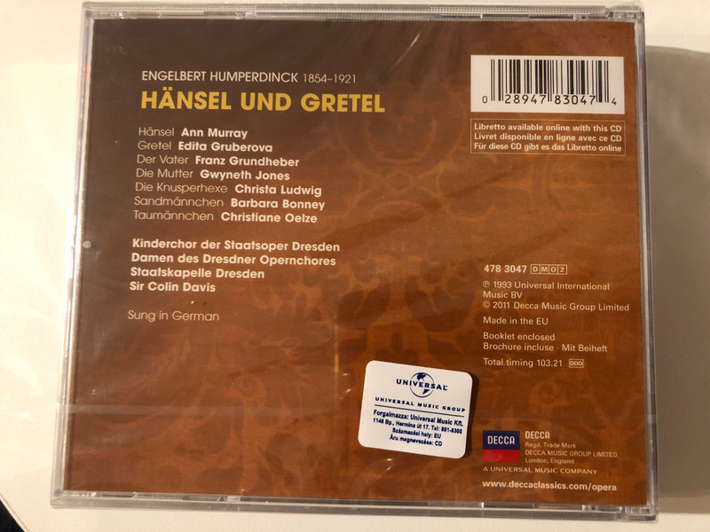 Humperdinck - Hänsel Und Gretel / Murray, Gruberova, Ludwig, Jones, Staatskapelle Dresden, Davis / Libretto available online with this CD / The Opera Company / Decca 2x Audio CD 2011 / 478 3047