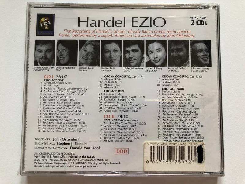 Handel - Ezio (Complete Opera In 3 Acts / D'Anna Fortunato, Julianne Baird, Jennifer Lane, Nathaniel Watson, Frederick Urrey, Raymond Pellerin, Manhattan Chamber Orchestra, Richard Auldon Clark / Vox Classics 2x Audio CD 1995 / VOX2 7503
