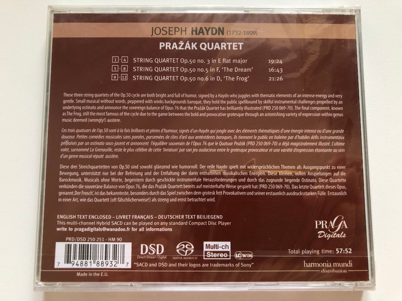 Joseph Haydn - 'Prussian' Quartets Op. 50 - no. 3 In E flat major, no. 5 'the Dream', no. 6 'the Frog' / Pražak Qzartet / Praga Digitals Audio CD / PRD/DSD 250251