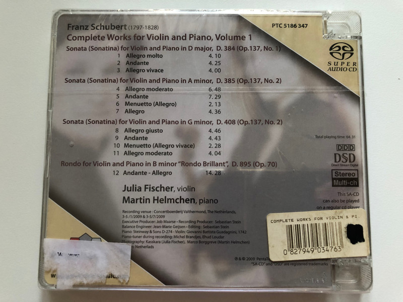 Franz Schubert - Complete Works For Violin And Piano, Volume 1 / Julia Fischer, Martin Helmchen / PentaTone classics SACD 2009 / PTC 5186 347