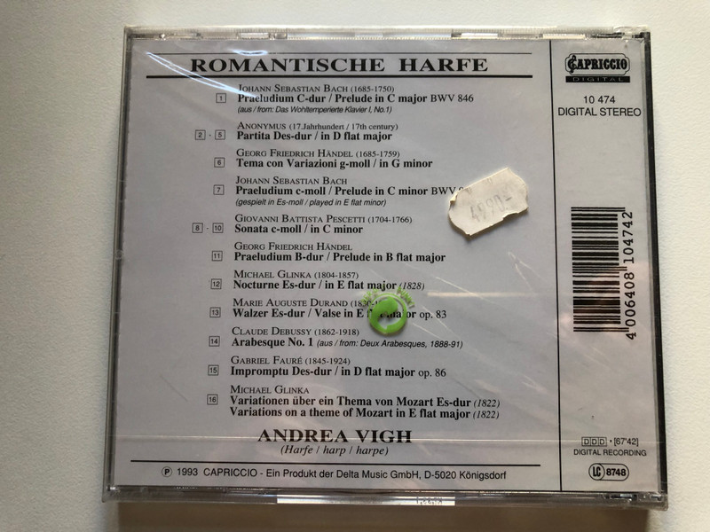 Andrea Vigh - Romantische Harfe = Romantic Harp - Handel, Bach, Glinka, Debussy / Capriccio Audio CD 1993 Stereo / 10 474