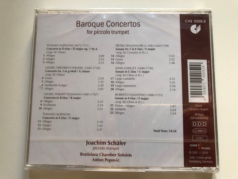 Baroque Concertos for Piccolo Trumpet - Albinoni, Handel, Telemann, et al. / Joachim Schäfer, Bratislava Chamber Soloists, Anton Popovic / Note 1 Music GmbH Audio CD 2015 / CHE 0205-2