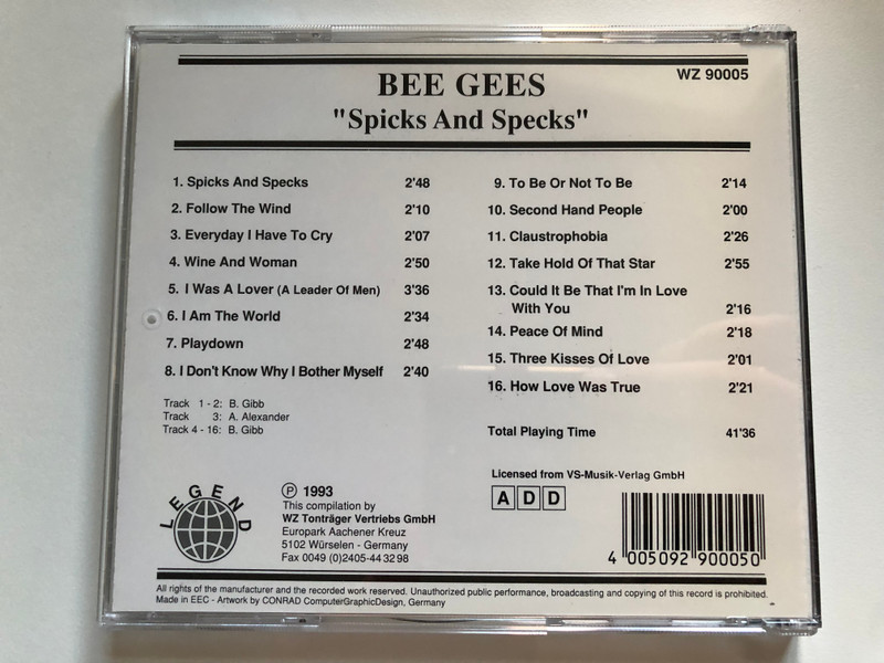 Bee Gees – ''Spicks And Specks'' / Follow The Wind, Wine And Woman, Take Hold Of That Star, and many more... / Legend Audio CD 1993 / WZ 90005
