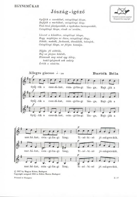 Bartók Béla: Jószág-igéző / Editio Musica Budapest Zeneműkiadó / 1950 
