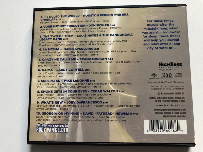 Jazz After Midnight - all selections recorded by Rudy Van Gelder / HighNote Records, Inc. SACD 2007 / HCD 6018