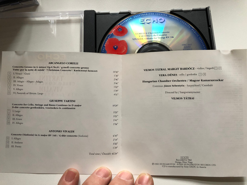 Corelli - Christmas Concerto; Tartini: Cello Concerto; Vivaldi - Sinfonia for Strings RV 149 / Vera Dénes, Hungarian Chamber Orchestra, Vilmos Tátrai / Hungaroton Echo Collection / Hungaroton Classic Audio CD 1999 Stereo / HRC 1012