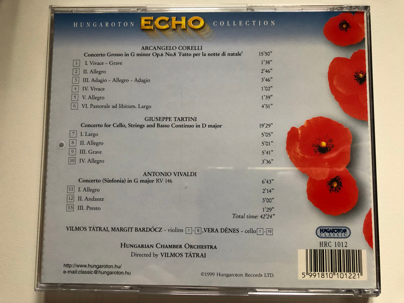 Corelli - Christmas Concerto; Tartini: Cello Concerto; Vivaldi - Sinfonia for Strings RV 149 / Vera Dénes, Hungarian Chamber Orchestra, Vilmos Tátrai / Hungaroton Echo Collection / Hungaroton Classic Audio CD 1999 Stereo / HRC 1012