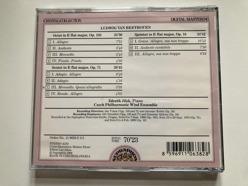 Beethoven - Octet; Sextet; Quintet In E Flat Major / Czech Philharmonic Wind Ensemble / Crystal Collection / Supraphon Audio CD 1988 Stereo / 11 0638-2