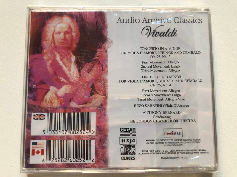 Vivaldi - Concerto In A Minor; Concerto In D Minor For Viola D'Amore, Strings, And Cembalo / The London Chamber Orchestra conducted by Anthony Bernard, Renzo Sabatini (Viola D'Amore) / Audio Archive Classics Audio CD / CLA025
