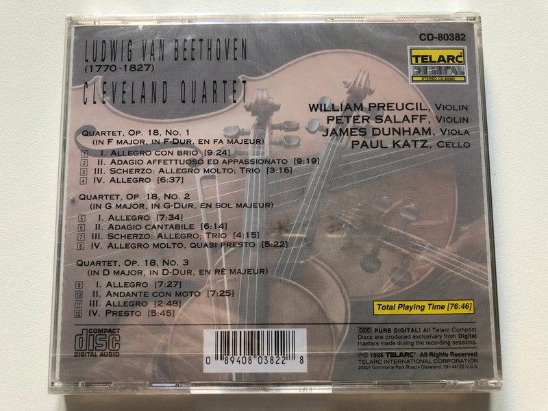 Beethoven - String Quartets Op. 18, Nos. 1-3 - Cleveland Quartet / Telarc Audio CD 1995 / CD-80382