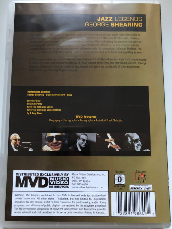 Jazz legends - George Shearing DVD Live at the amassador Auditorium Pasadena 1981 / Biography - Discography - Filmography - Individual Track Selection Music Video Distributors MVD (022891986492)