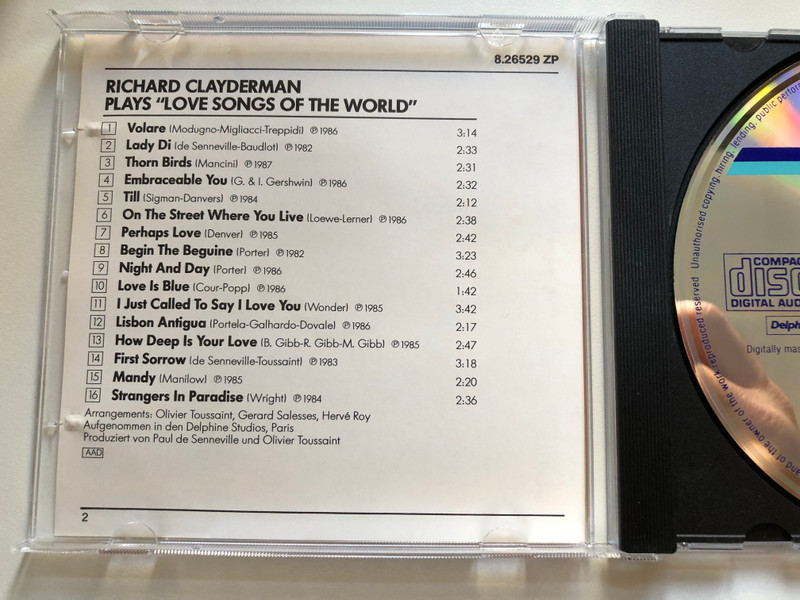Richard Clayderman – Plays Love Songs Of The World / Till; Night And Day; Lisbon Antigua; Strangers In Paradise; Volare; Begin The Beguine; I Just Called To Say I Love You; u. a. / TELDEC Audio CD 1987 Stereo / 8.26529 ZP