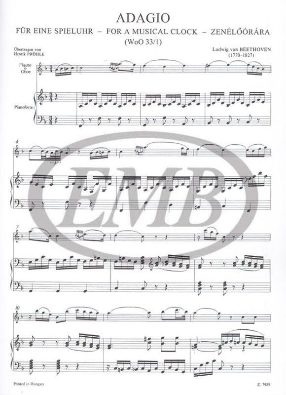 Beethoven, Ludwig van: Adagio für eine Spieluhr / Edited by Prőhle Henrik / Editio Musica Budapest Zeneműkiadó / 1977 / Szerkesztette Prőhle Henrik 
