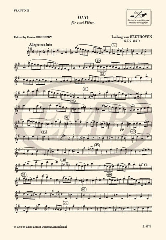 Beethoven, Ludwig van: Sonata a due flauti / Edited by Brodszky Ferenc / Editio Musica Budapest Zeneműkiadó / 1964 / Közreadta Brodszky Ferenc 