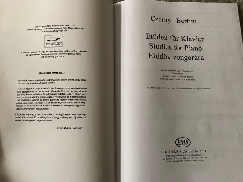 Czerny, Carl, Bertini, Henri Studies for Piano  Compiled by Hajdu Anna, Komjáthy Aladárné, Kassai Mária, Hernádi Zsuzsa  Editio Musica Budapest Zeneműkiadó  1957  Czerny, Carl, Bertini, Henri Etűdök zongorára (9790080025208)
