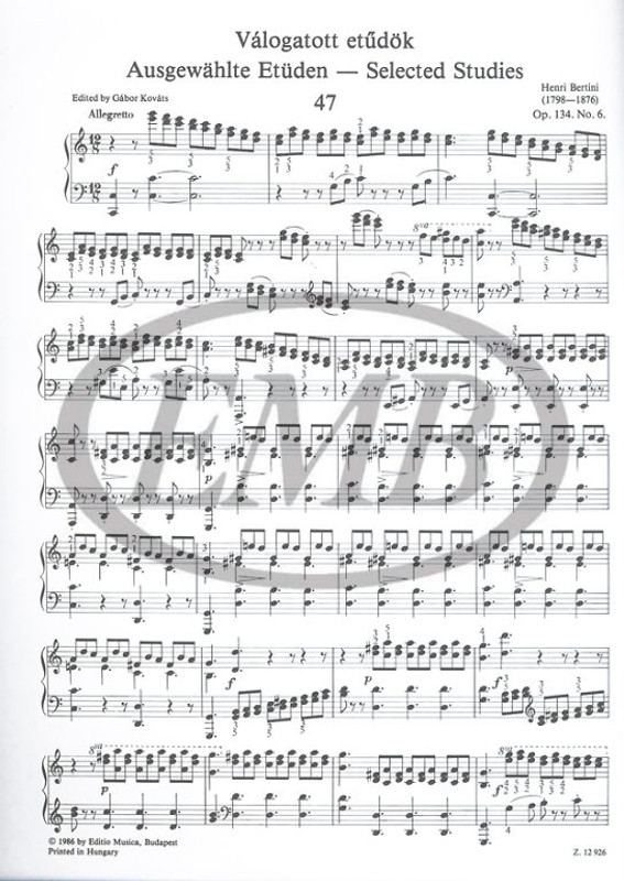 Bertini, Henri: Selected Studies for Piano 3 / Virtuosic Studies / Edited by Kováts Gábor / Editio Musica Budapest Zeneműkiadó / 1986 / Bertini, Henri: Válogatott etűdök zongorára 3 / Virtuóz etűdök / Szerkesztette Kováts Gábor