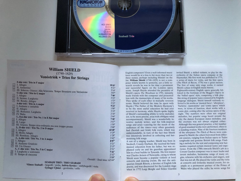 William Shield - Trios For Strings - Trio Szabadi / Hungaroton Classic Audio CD 2010 Stereo / HCD 32669