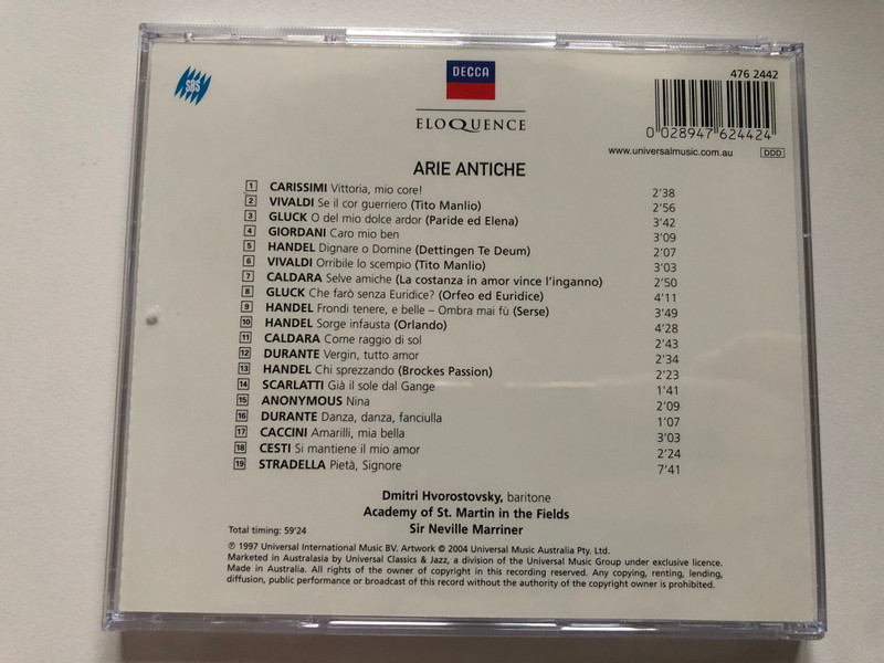Arie Antiche - Caccini, Caldara, Giordani, Gluck, Handel Scarlatti, Stradella, Vivaldi / Dmitri Hvorostovsky, Academy of St. Martin in the Fields, Sir Neville Marriner / Decca Audio CD 2004 / 476 244-2