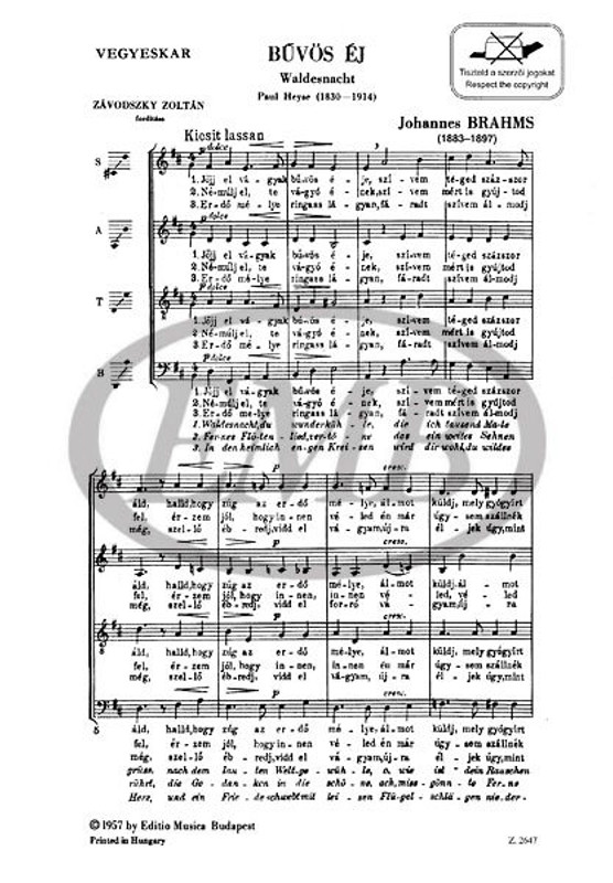 Brahms, Johannes: Waldesnacht / Words by Heyse, Paul / Translated by Závodszky Zoltán / Editio Musica Budapest Zeneműkiadó / 1973 / Brahms, Johannes: Bűvös éj / Szövegíró: Heyse, Paul / Fordította Závodszky Zoltán 