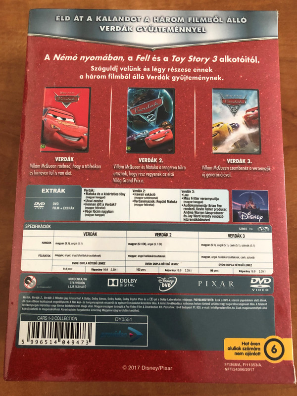 Cars 1-3 Collection DVD BOX 2017 Verdák - 3 Filmes DVD Gyűjtemény / Directed by John Lasseter / Voices: Owen Wilson, Paul Newman, Bonnie Hunt, Larry the Cable Guy / 3 discs (5996514049473)