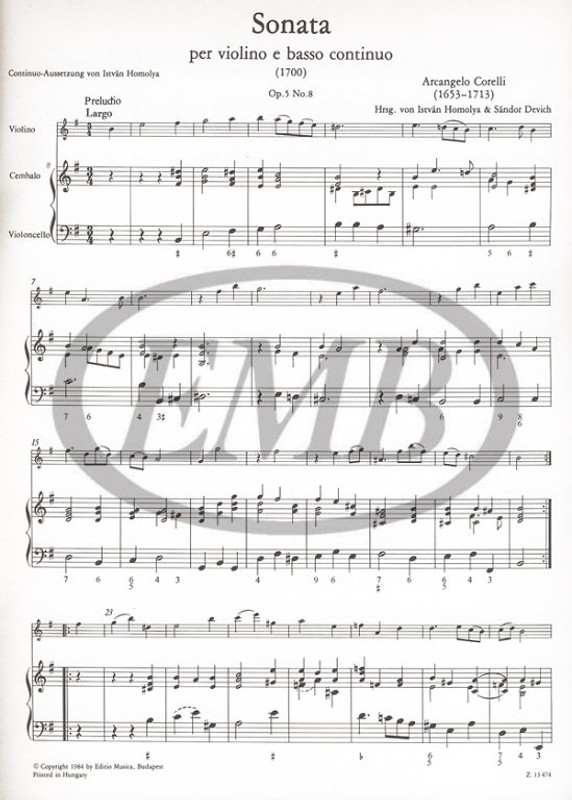 Corelli, Arcangelo: Sonata per violino e basso continuo / Op. 5, No. 8 / Edited by Homolya István, Devich Sándor / Editio Musica Budapest Zeneműkiadó / 1988 / Szerkesztette Homolya István, Devich Sándor 