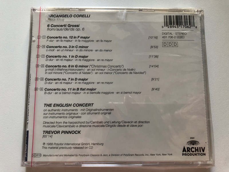 Arcangelo Corelli - 6 Concerti Grossi Op.6 / The English Concert,Trevor Pinnock / 3D Baroque / Archiv Produktion Audio CD 1988 Stereo / 431 706-2
