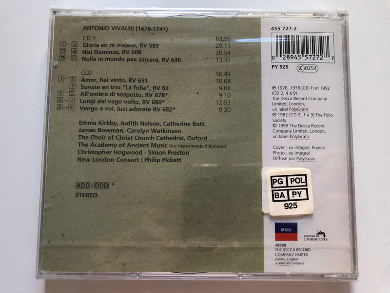 Vivaldi - Gloria; Nulla In Mundo Pax Sincera; Nisi Dominus; Cantatas - E. Kirkby, C. Bott, C. Watkinson, J. Bowman, S. Preston, C. Hogwood / 2 CD Pour Le Prix D'un / L'Oiseau-Lyre 2x Audio CD 1999 Stereo / 455 727-2 