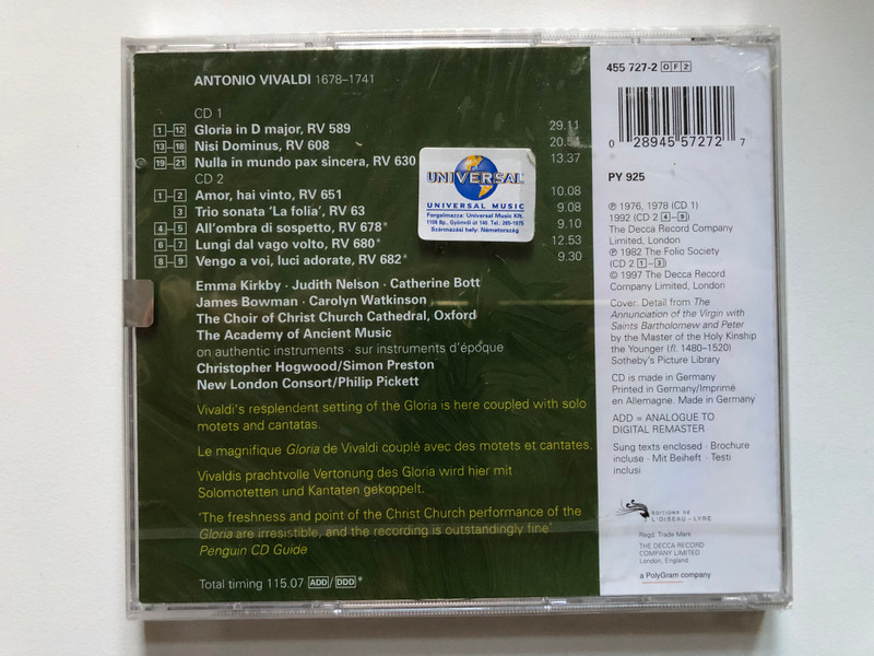 Vivaldi - Gloria; Nulla In Mundo Pax Sincera; Nisi Dominus; Cantatas - E. Kirkby, C. Bott, C. Watkinson, J. Bowman, S. Preston, C. Hogwood / 2 CD Pour Le Prix D'un / L'Oiseau-Lyre 2x Audio CD 1999 Stereo / 455 727-2