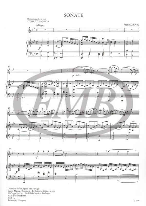 Danzi, Franz: Sonata per clarinetto e pianoforte / Edited by Balassa György / Editio Musica Budapest Zeneműkiadó / 1971 / Közreadta Balassa György 
