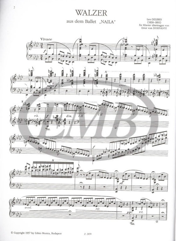 Delibes, Léo: Two Waltzes / from the ballets "Naila" and "Coppelia" / Transcribed by Dohnányi Ernő / Editio Musica Budapest Zeneműkiadó / 1957 / Delibes, Léo: Két keringő / a "Naila" és a "Coppelia" c. balettből / Átírta Dohnányi Ernő