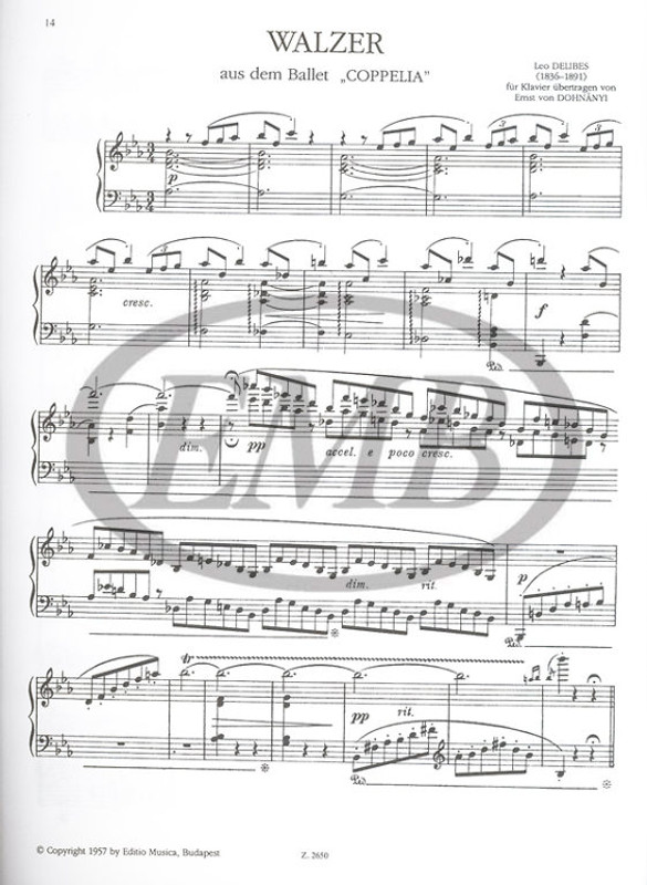 Delibes, Léo: Two Waltzes / from the ballets "Naila" and "Coppelia" / Transcribed by Dohnányi Ernő / Editio Musica Budapest Zeneműkiadó / 1957 / Delibes, Léo: Két keringő / a "Naila" és a "Coppelia" c. balettből / Átírta Dohnányi Ernő