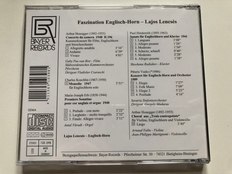 Faszination Englisch-Horn / Honegger, Koechlin, Erb, Hindemith, Vasks / Lajos Lencses (englisch-horn) / Bayer Records Audio CD Stereo / BR 100 398 CD