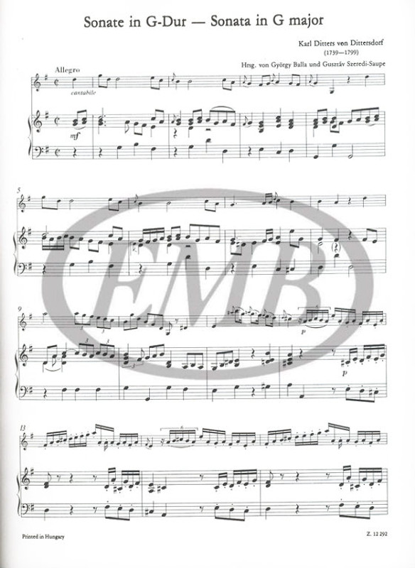 Dittersdorf, Carl Ditters von: 3 sonate per violino e basso continuo (pianoforte) / Edited by Balla György, Szeredi-Saupe Gusztáv / Editio Musica Budapest Zeneműkiadó / 1984 / Szerkesztette Balla György, Szeredi-Saupe Gusztáv 