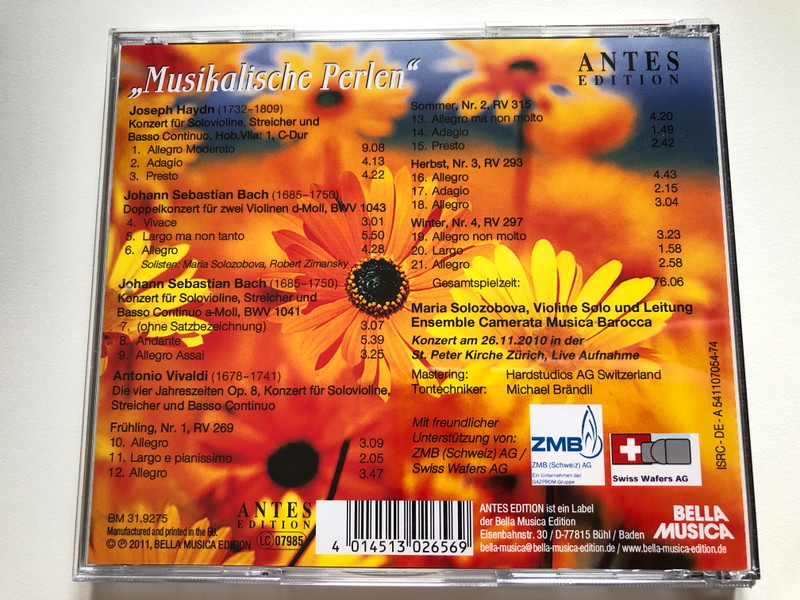 Maria Solozobova - Violine Solo und Leitung - Ensamble Camerata Musica Barocca ''Musikalische Perlen'' - Haydn, Bach, Vivaldi / Konzert am 26. November 2010 in der St. Peter Kirche Zurich / Bella Musica Audio CD 2011 / BM CD 31.9275