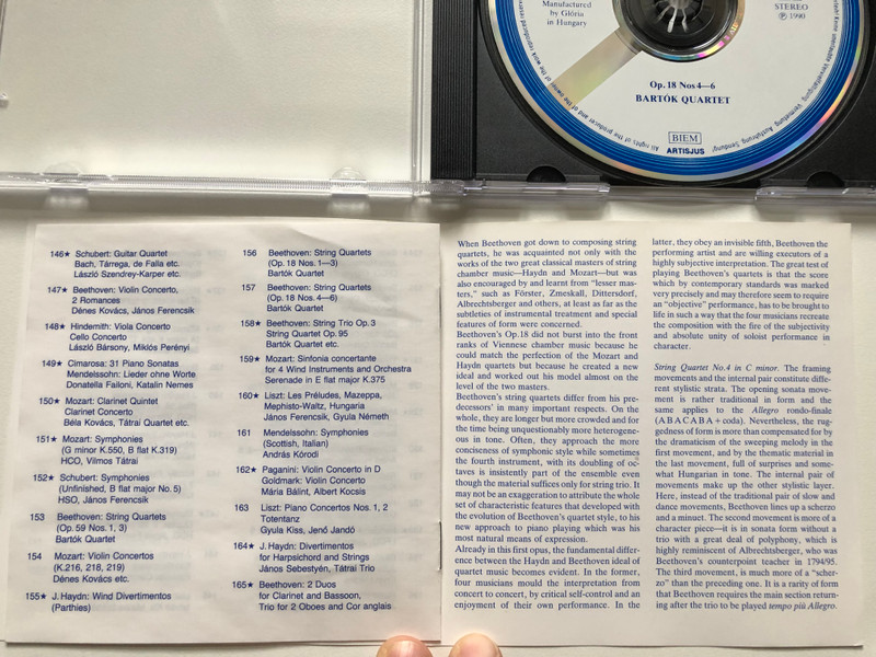 Beethoven - String Quartets Op. 18 Nos. 4-6 - Bartók Quartet / White Label / Hungaroton Audio CD 1990 Stereo / HRC 157 